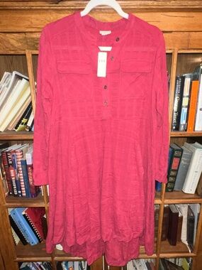 NWT ANTHRO Holding Horses Dress Women  10 Red Long Sleeve Lagenlook Tunic Dress